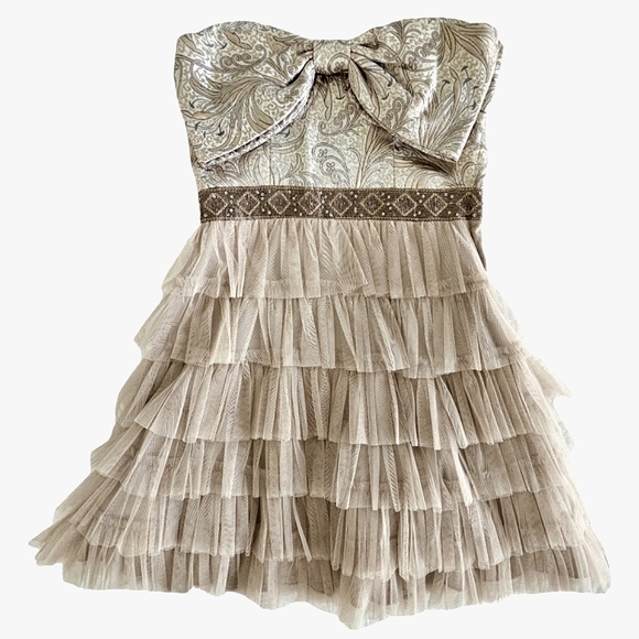 Inspire Me Strapless Taupe/Gold Tapestry Bow/Tiered Mesh Ruffle Party Dr… - Picture 3 of 17